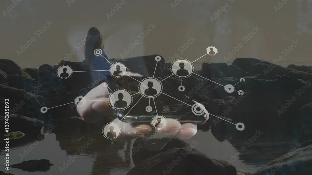 Poster network of connections and data processing animation over landscape with rocks