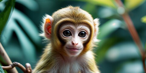 Fototapeta premium Closeup of a Cute Baby Squirrel Monkey in Lush Green Foliage