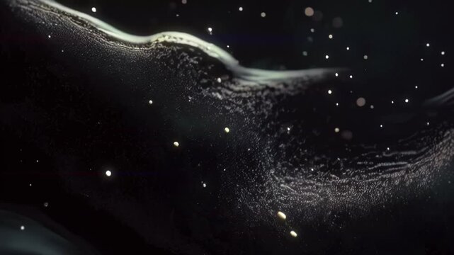 The dark stream of dark matter flows smoothly, surrounded by sparkling particles that flash and dissipate. This adds to the mysterious atmosphere of the composition