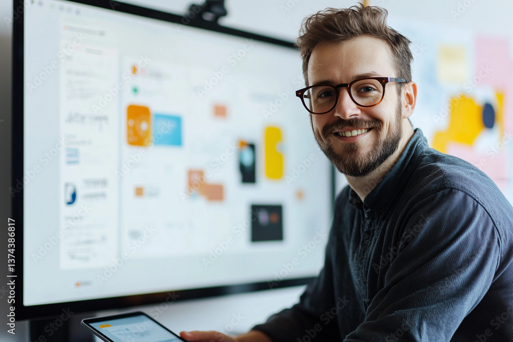Aufkleber ux designer engaged in creative work at a modern workspace with large display and tablet in hand