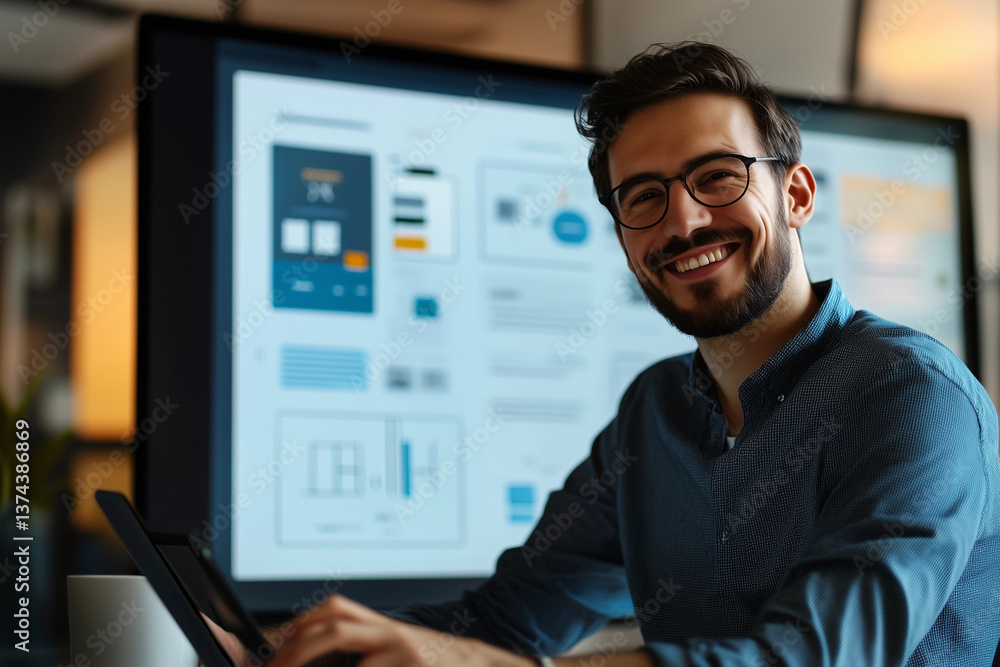 Aufkleber ux designer engaged in creative work at modern workspace with large display showing project details
