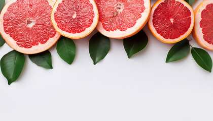 Gapefruit season mockup, summer theme border, with free space for text. White plane background, fruit and leaves on the upper side the frame.