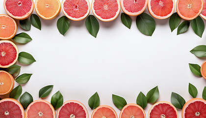 Gapefruit season mockup, summer theme border, with free space for text. White plane background, fruit and leaves around the frame.