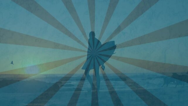 Silhouette of surfer with board at ocean shore, sunburst pattern in background