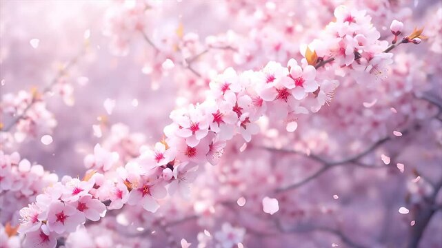 Animation material of cherry blossom trees blooming in spring and petals falling. Spring image. 春に咲く桜の木と舞い散る花びらのアニメーション素材。春のイメージ。