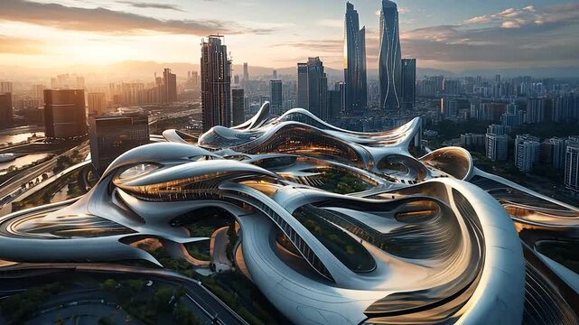 Futuristic architectural marvel with flowing designs at sunset in a city