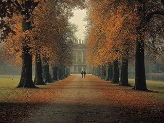 The autumn scene in a beautifully decorated garden: A shady path leading to a magnificent mansion is lined with trees on both sides, and people are strolling along this path.