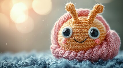 Naklejka premium Adorable handmade yarn snail toy with playful eyes and tail resting on minimalist beige floor, soft lighting highlighting textured fibers and whimsical creature design. Creative DIY craft concept.