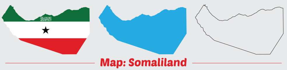 Maps of Somaliland Flag, Outline, and Regional Divisions, Somaliland country map set. internal provinces borders marked, Simple map of Somaliland vector drawing.