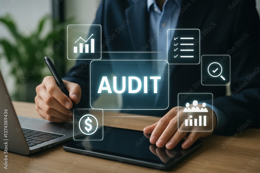 Poster navigating the audit: a business professional engages in an auditing task, surrounded by interactive