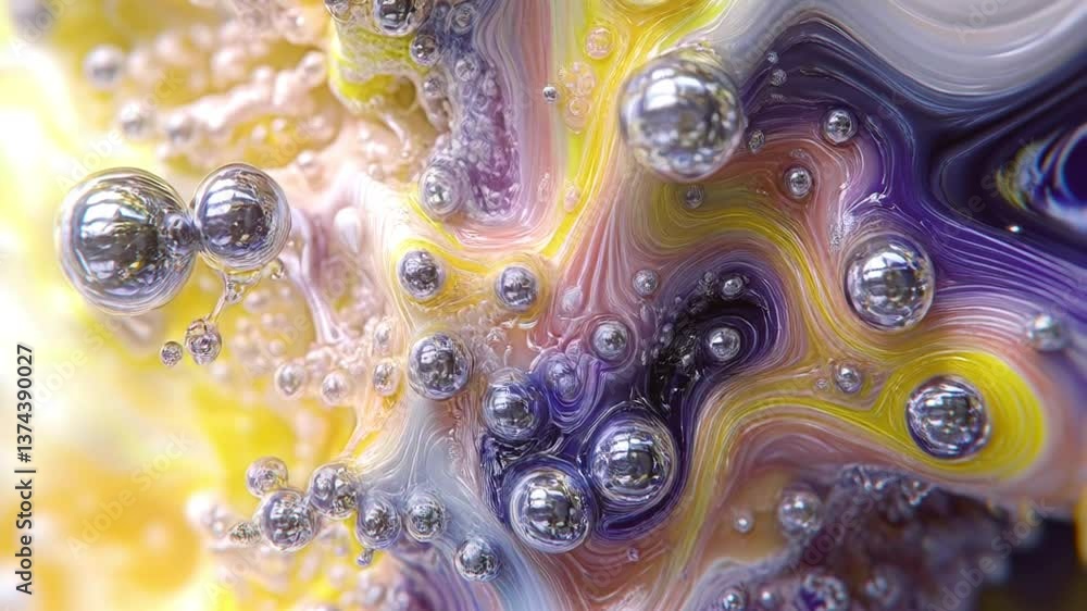 Poster Hypnotic interplay of multicolored purple and orange streams flowing smoothly into each other. Tiny shimmering bubbles flicker within these flowing forms