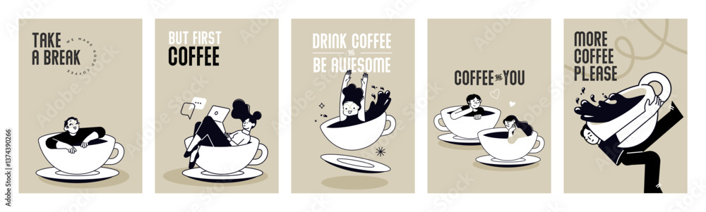 Fototapete Take a break. Set of vector illustrations of people enjoying free time, drinking coffee, daily routine for social media banners, posters, marketing material, restaurants and coffee bars ads.