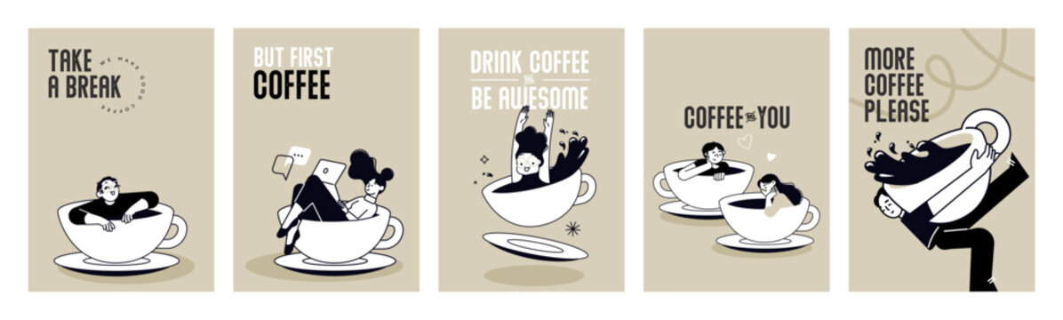 Take a break. Set of vector illustrations of people enjoying free time, drinking coffee, daily routine for social media banners, posters, marketing material, restaurants and coffee bars ads.
