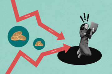 Art image composite photo collage of happy businesswoman jump laptop inflation arrow regress...