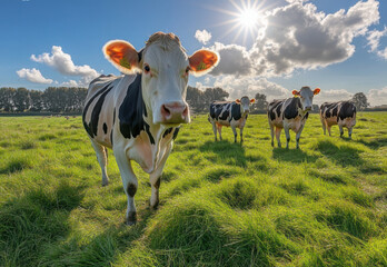 In the background, under a serene and peaceful sunlight, the sun shines brightly above, trees are lined up along the horizon, and a herd of cows are grazing leisurely