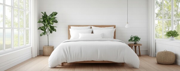 White Scandinavian bedroom with wooden floors, soft linen bedding, and natural light streaming through large windows