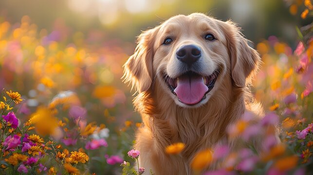 Happy Golden Retriever in a Flower Field at Sunset (1)