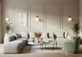 A soft elegant contemporary living room bathed in natural sunlight