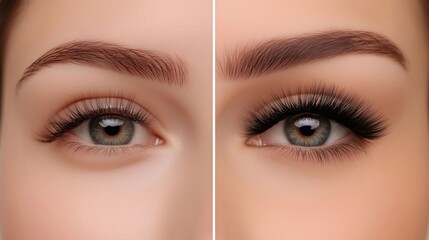 Fototapeta premium A close-up comparison of eyelashes before and after extensions, highlighting the transformation and added volume.