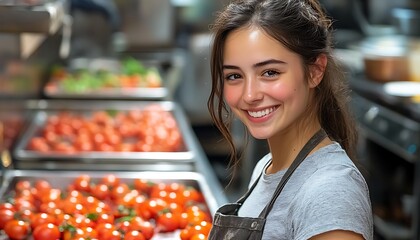Smiling chef in restaurant kitchen.