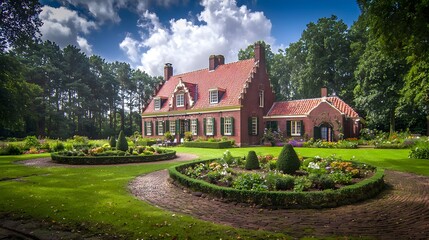 Fototapeta premium Large red brick home with garden. Use real estate, architecture, or luxury lifestyle