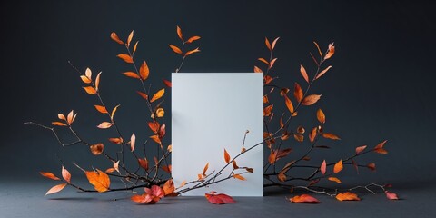 Blank card with autumnal branches on dark background.