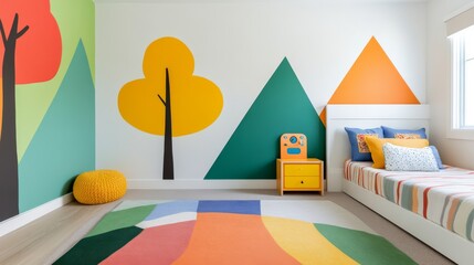 Fototapeta premium Playful kids bedroom with colorful murals, soft rugs, and interactive storage solutions