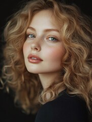 Naklejka premium Close up portrait of young woman with voluminous curly blonde hair and freckles