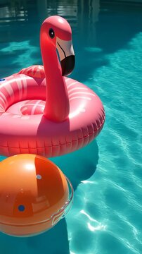 Pink flamingo floaty and orange ball in a refreshing pool  