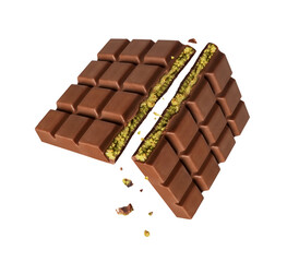 Dubai chocolate broken into two halves in the air isolated on white background. Dubai chocolate is...