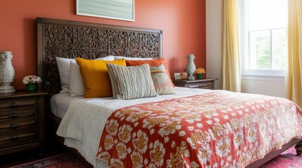 Indian-inspired bedroom with intricate carved wood furniture, bold colors, and silk textiles