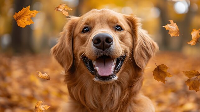 Happy Golden Retriever in Autumn Leaves (2)