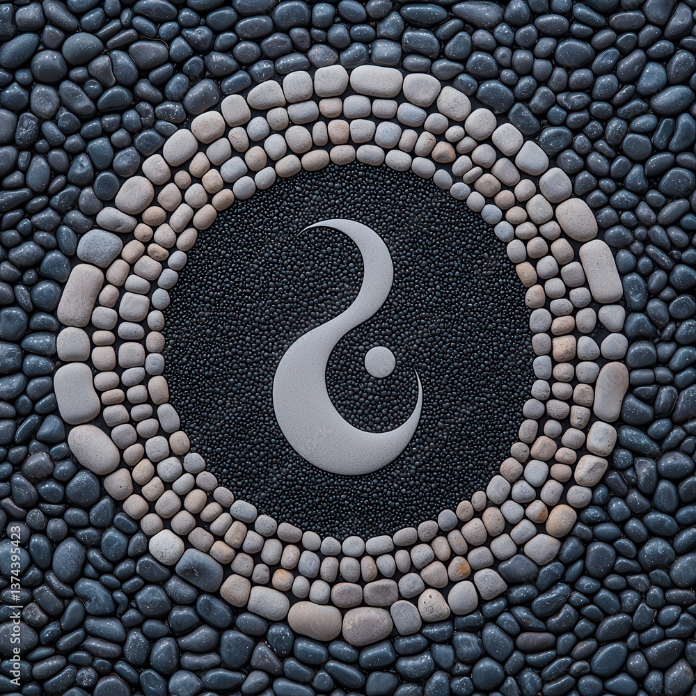 Poster a circular arrangement of stones surrounds a central symbol, creating a harmonious style with contra