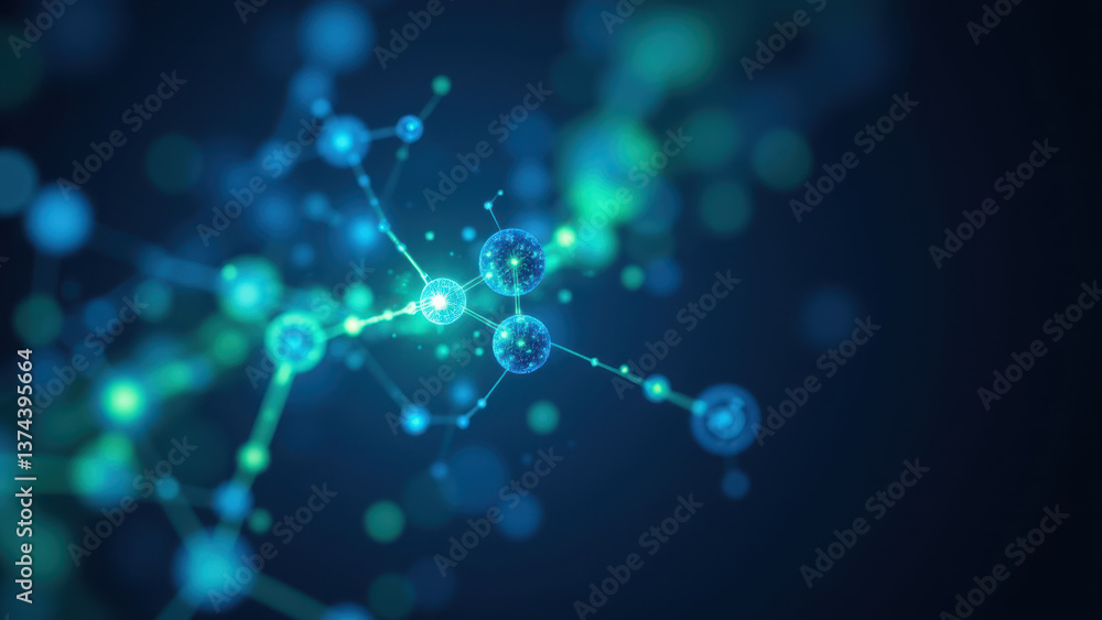 Poster computer-generated illustration depicting molecular structures with glowing orbs representing atoms 