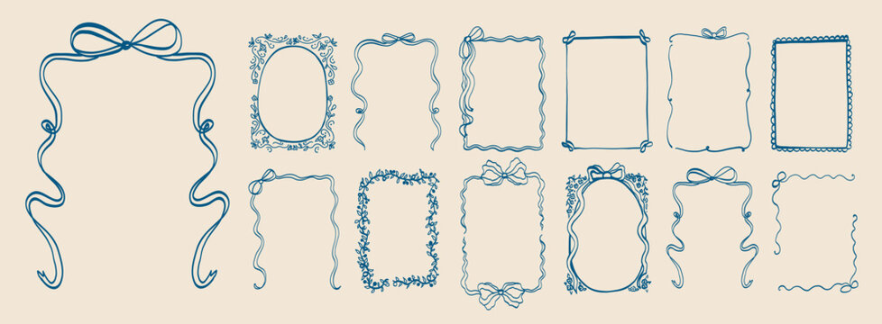 Set of doodle border with bows frame design. Vintage ribbon line art corner sketch. Hand drawn coquette trendy cute wedding, menu, birthday invitation borders card template. Vector outline illustratio