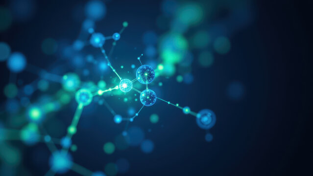 Computer-generated illustration depicting molecular structures with glowing orbs representing atoms of a molecule, possibly GLP-1.