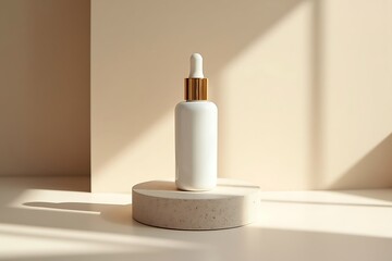 Elegant white serum bottle with gold top on beige platform bathed in soft sunlight minimalist beauty