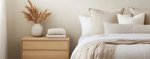 Scandinavian small bedroom with neutral tones, light wood accents, and simple decor