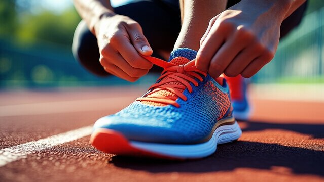 Athlete ties bright shoelaces of athletic shoe on outdoor running track close up preparing for fitness routine