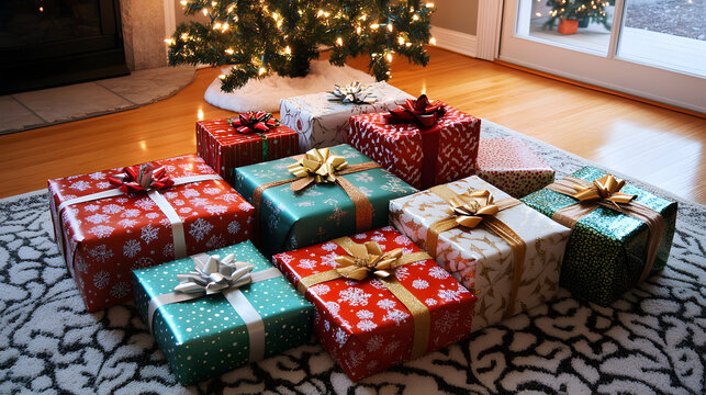 A collection of wrapped Christmas gifts in a mix of bright colors with shimmering ribbons, perfect for a cheerful holiday celebration.