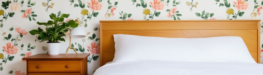 Cottagecore bedroom with floral wallpaper, vintage wooden furniture, and warm natural light
