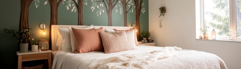 Whimsical forest-themed bedroom with tree mural walls, nature-inspired decor, and fairy lights