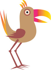 A cute cartoon bird with its  nice beak, surrounded by colorful feathers and wings, in a playful and fun design