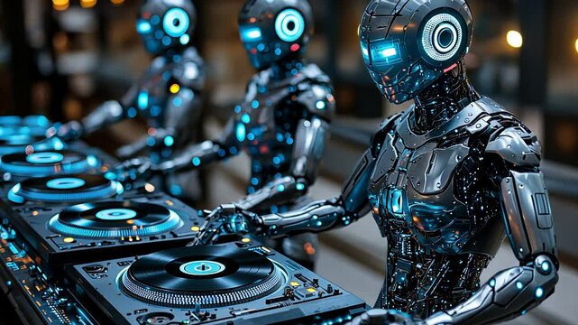 Robot djs playing music with turntables in a nightclub party motion video. Futuristic artificial intelligence machines performing in blue light footage.