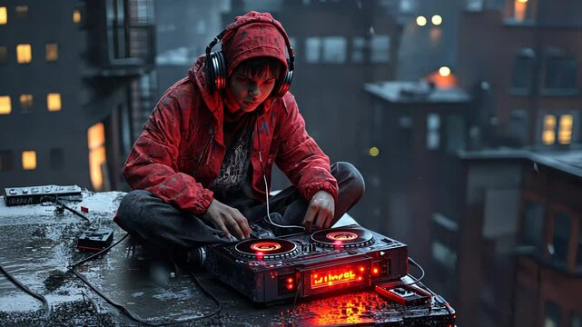 Boy with headphones plays DJ on rooftop in urban scene motion footage. Child mixes music with turntable on night street, red jacket and cool vibe video clip.