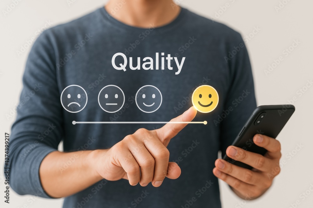 Poster optimizing quality: a person interacting with customer feedback system, tapping into the essence of 