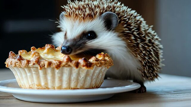 A hedgehog sitting beside a freshly baked pie for baking services. digital