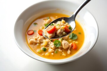 Delicious chicken noodle soup warm broth carrots pasta a spoonful of comfort food in a bright white