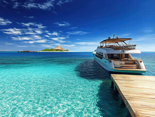 beautiful and charming tropical island, with clear and deep blue sea water, white and fine sandy beaches, and a wooden dock leading to the floating cabins. A luxurious yacht is moored near the dock.
