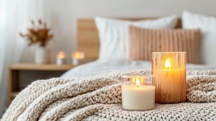 Hygge-inspired cozy bedroom with knitted throws, flickering candles, and soft natural light